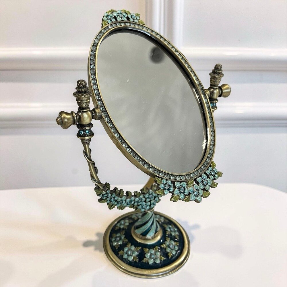Vintage Brass Oval Vanity Makeup Desk Mirror, Enameled Metal Jeweled Tabletop - Picture 3 of 14